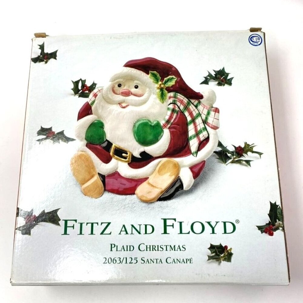 Fitz & Floyd Plaid Christmas  Santa Canape Cookie Plate Holiday Preowned